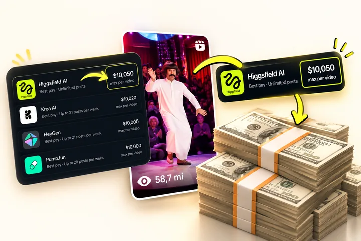 Plataformas que pagam por vídeo, com a Higgsfield AI pagando até US$ 10.050 por vídeo, um reel com 58,7 milhões de views e maços de dólares